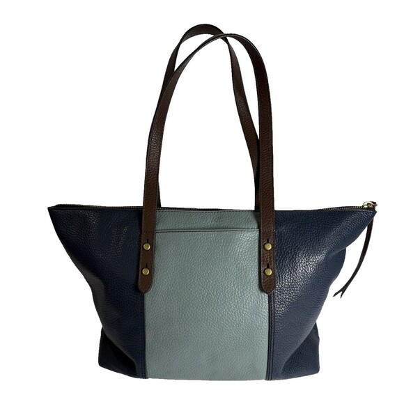 Fossil Jenna Color Block Pebbled Leather Shoulder Bag Tote Navy Blue Brown - Picture 1 of 10